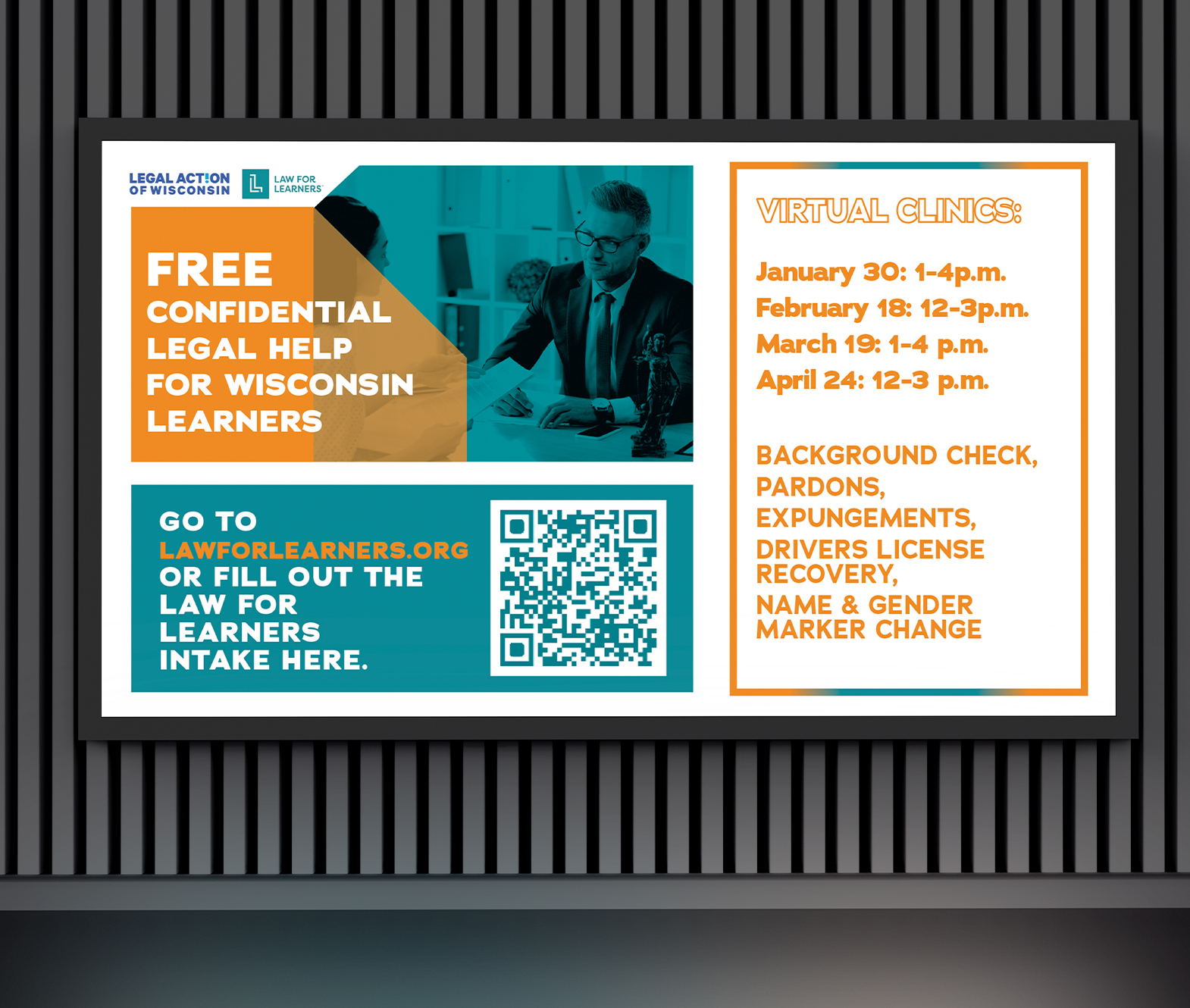 A digital flyer to promote upcoming spring clinics for Law for Learners, mocked up to be displayed on a monitor. Created in Adobe Illustrator and mocked up in Adobe Photoshop.