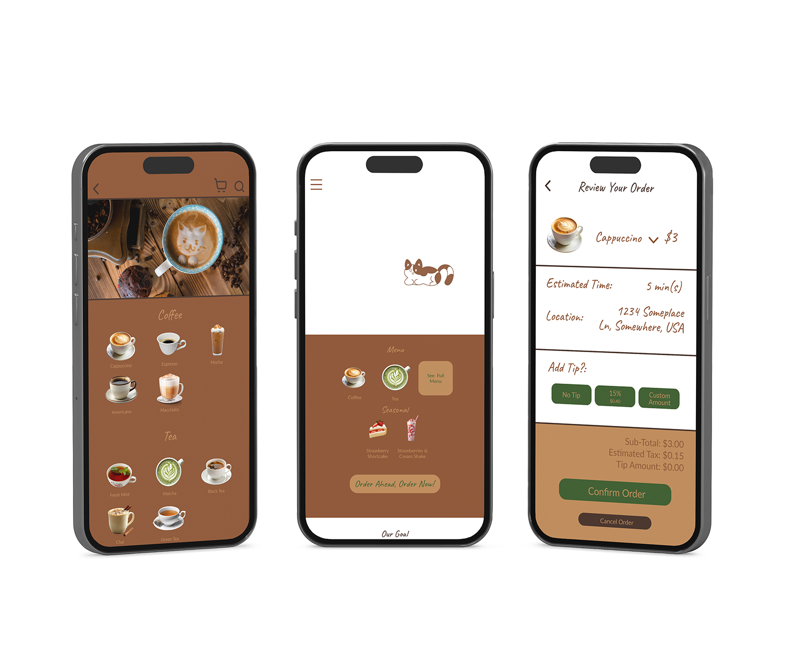 The Calico Cafe app mockup, made in Adobe XD and then mocked up in Photoshop.