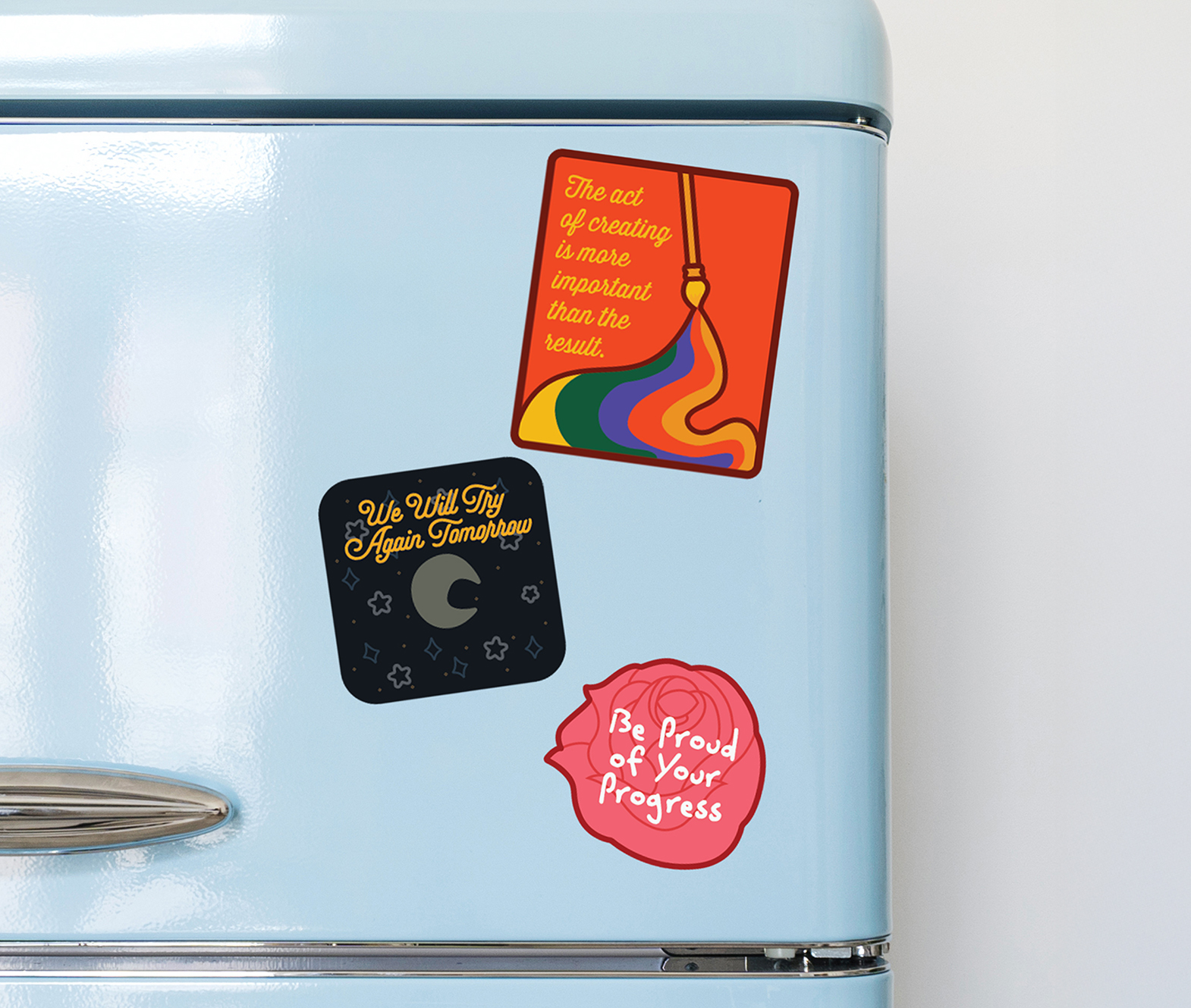 Inspirational quote magnets mocked up on the fridge with Photoshop and utilized vector graphics made in Illustrator.