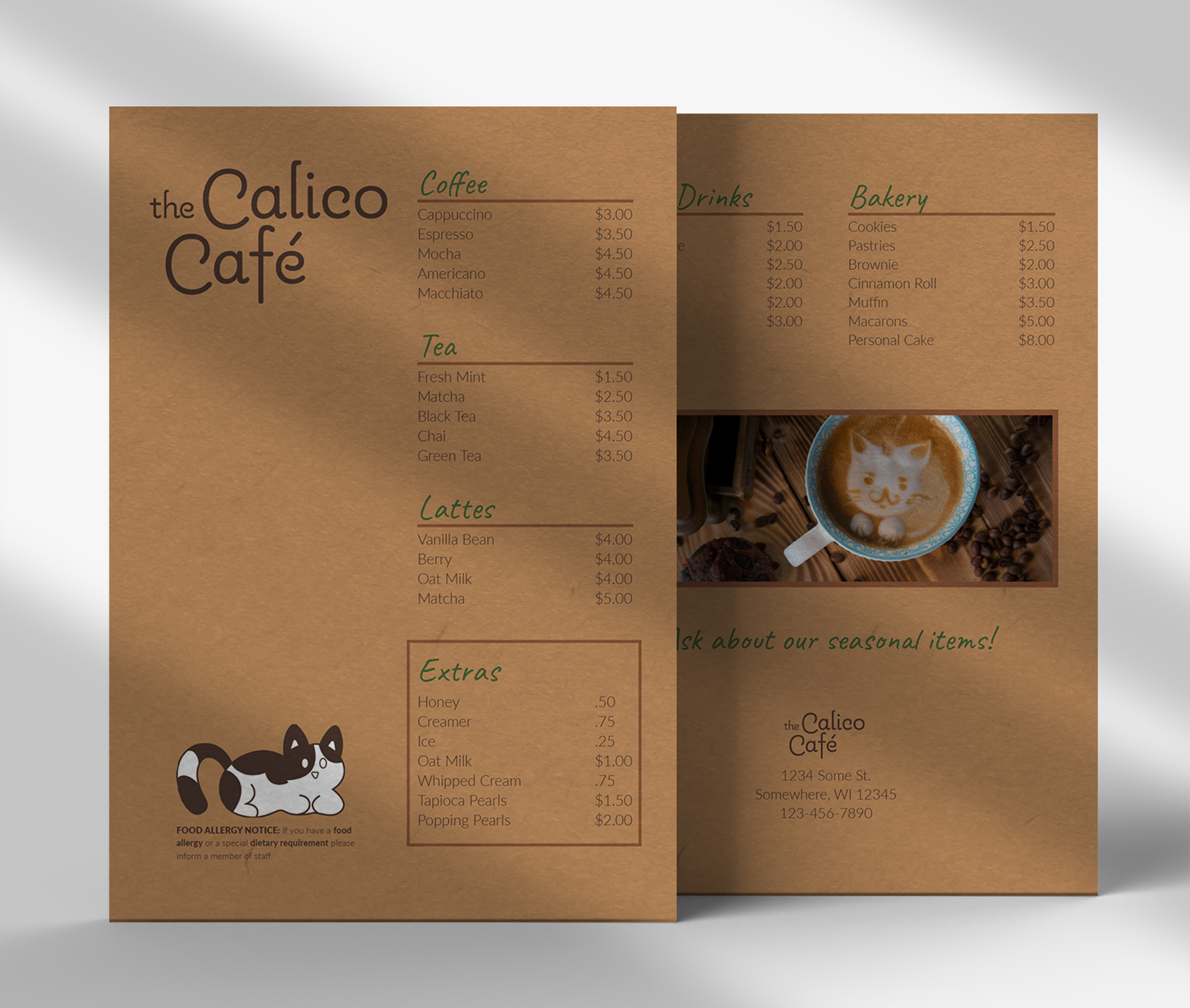 Mocked up menu design for The Calico Cafe, made with Illustrator and mocked up with Photoshop.