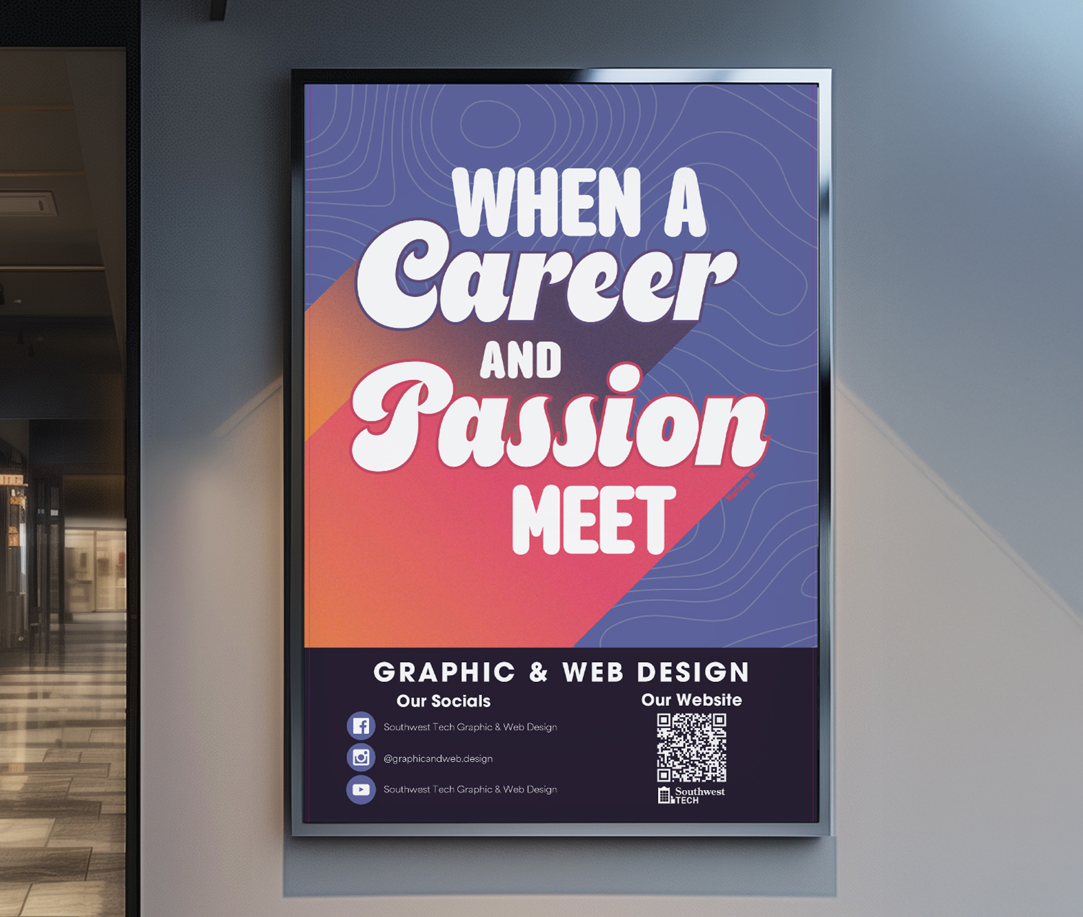 GWD promotional poster on digital monitor, mocked up in Photoshop and made in Illustrator.