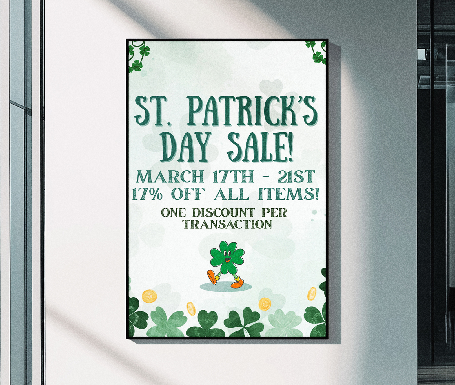 St. Patrick's Day ad poster mocked up on a digital monitor with Photoshop, made with Canva.