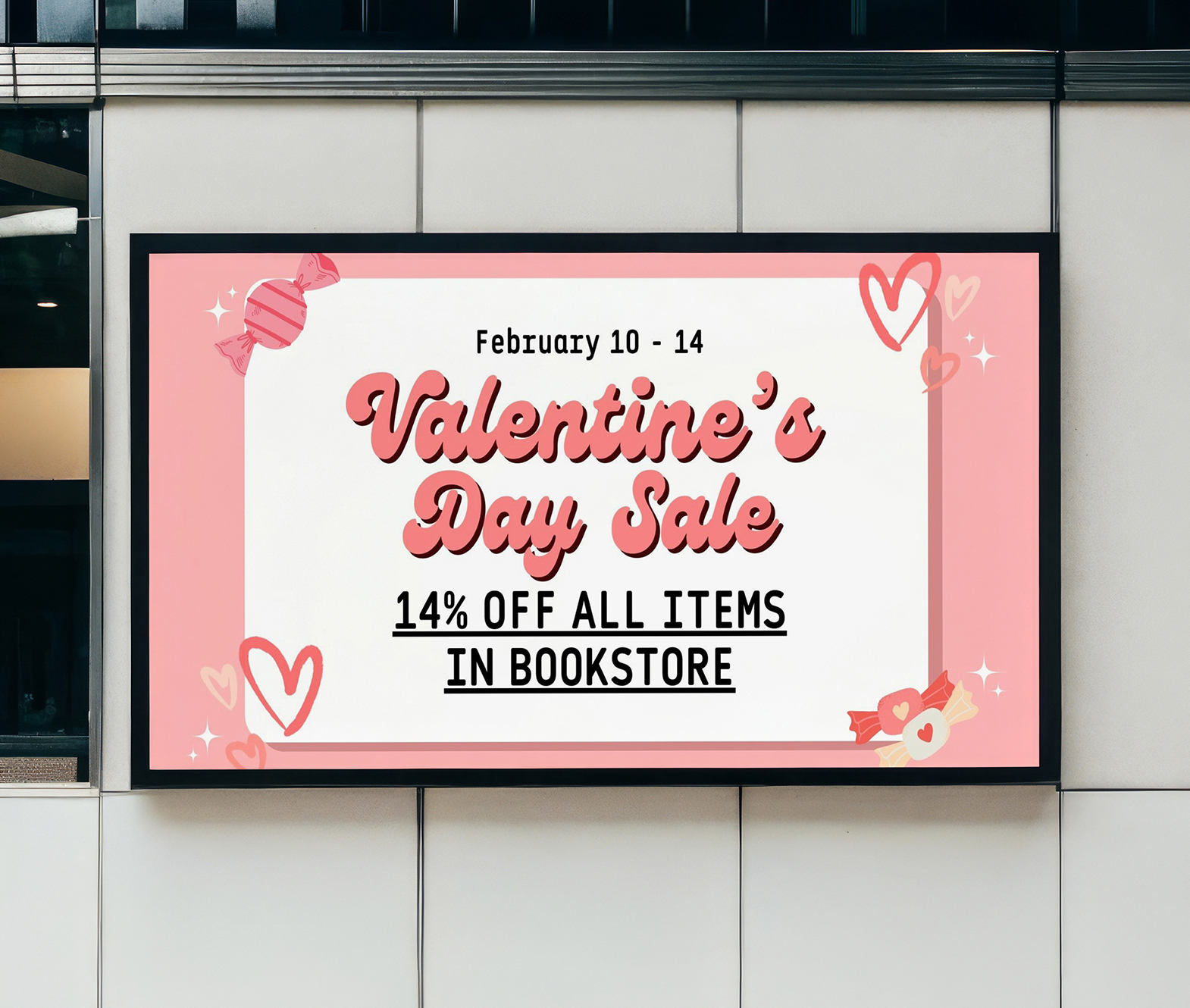 Valentine's Day ad poster mocked up with Photoshop on a digital monitor, made in Canva.